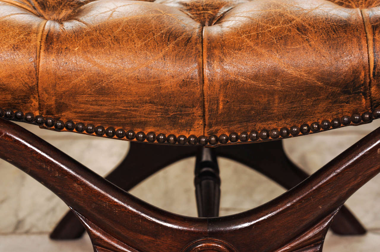 20th Century Pair of English Regency-Style Mahogany and Leather Stools or Taborets